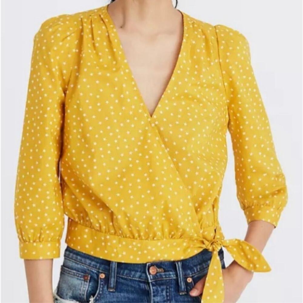 Madewell Wrap Top in Star Scatter Yellow Cotton Cropped Boho Preppy Size S